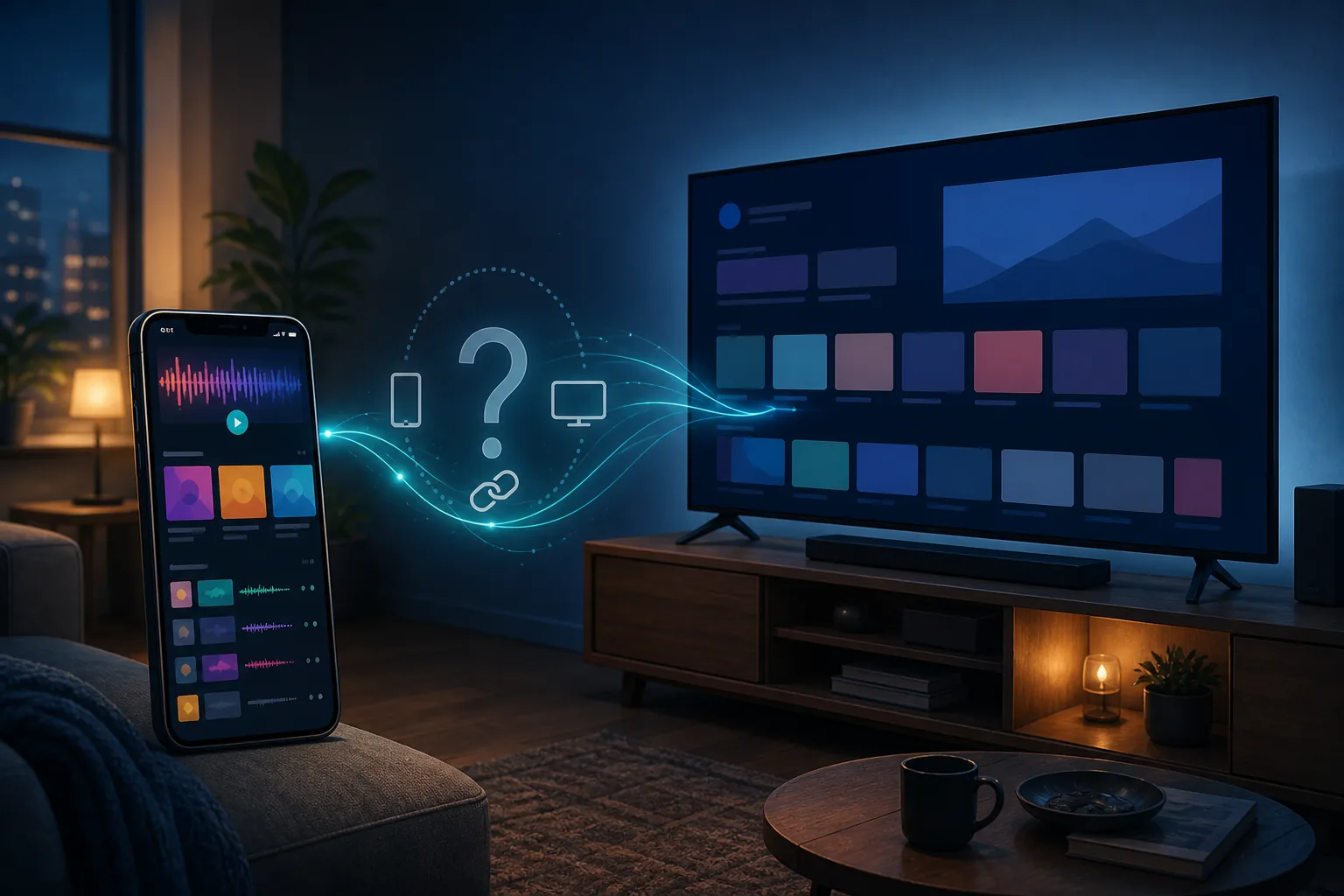 Editorial illustration of a phone, television, and compatibility question mark for MetroList Android TV