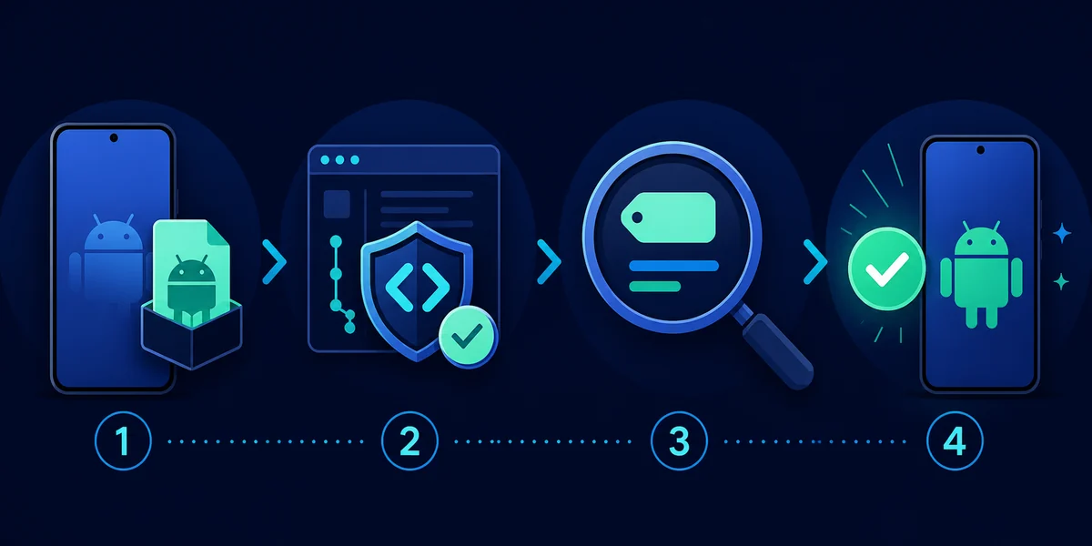 Editorial illustration showing four steps for verifying an Android APK download