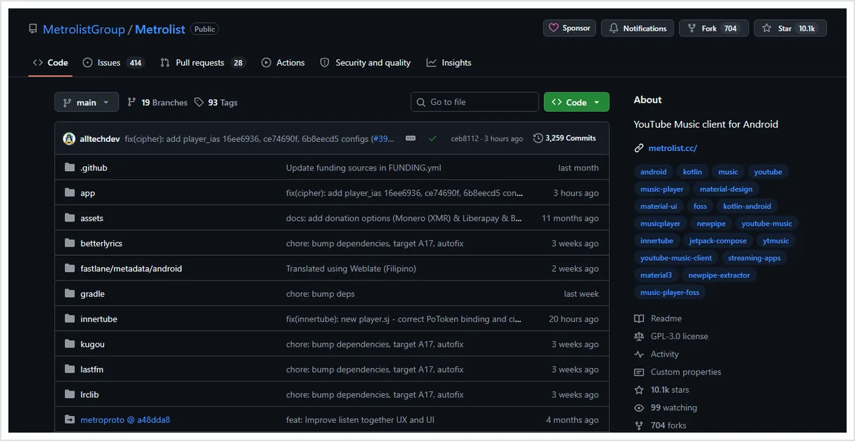 Official MetroList GitHub repository screenshot used to verify releases and source code