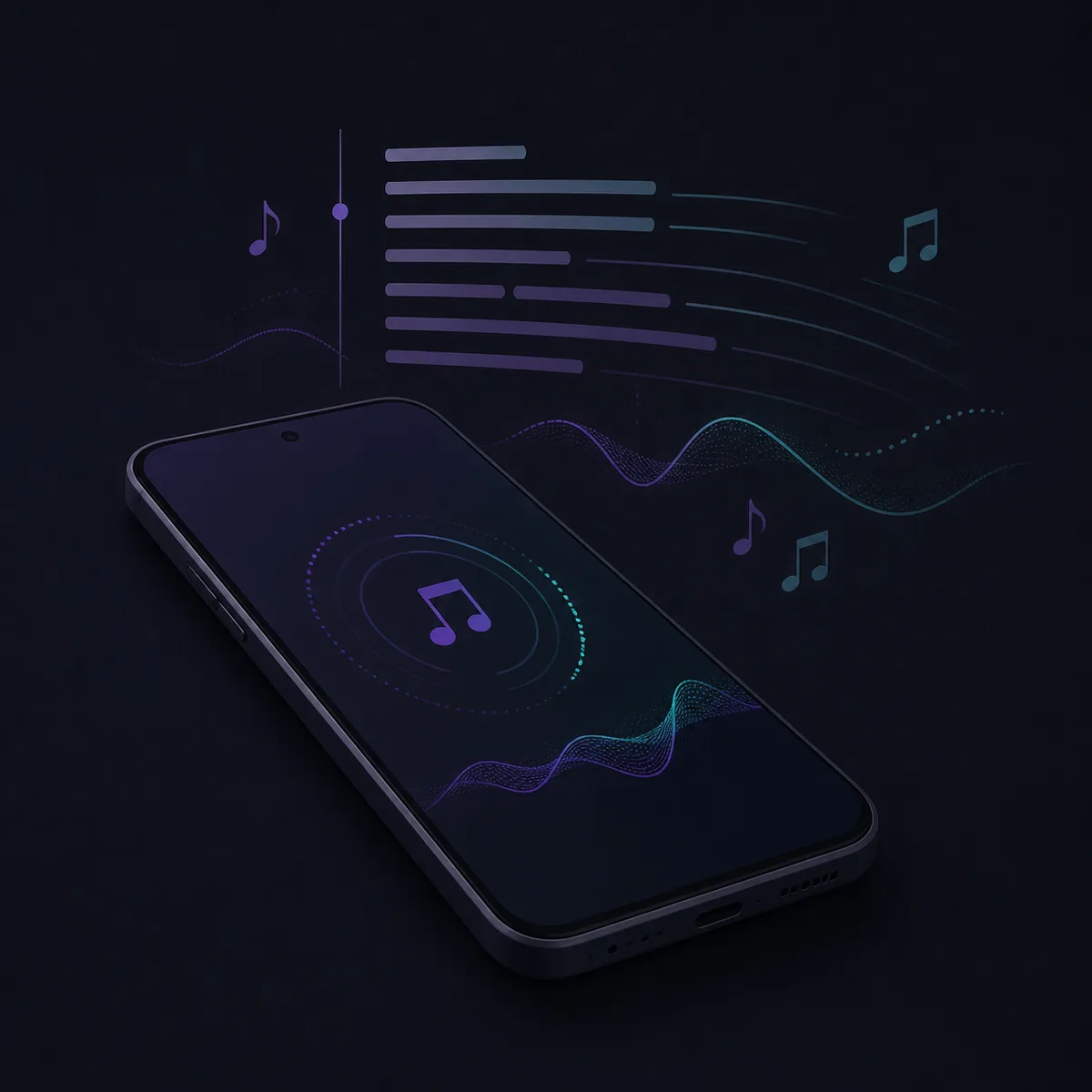 Editorial illustration of a phone, music waveform, and synchronized lyric lines