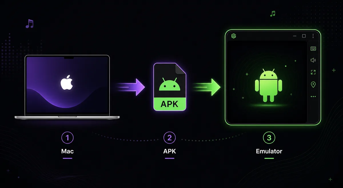 Diagram showing Mac, APK, and Android emulator stages for a MetroList on macOS setup