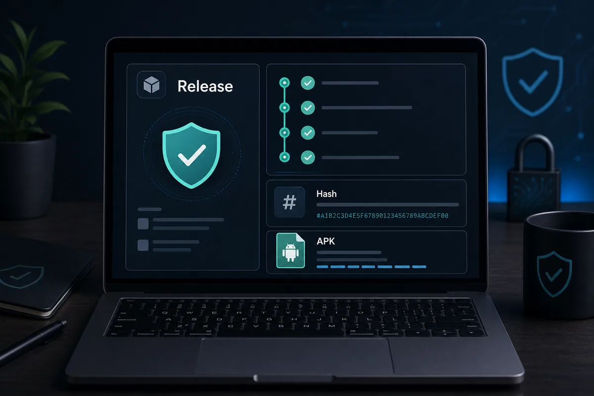 Safety illustration showing release verification, hash checking, and APK file review before using MetroList on Mac