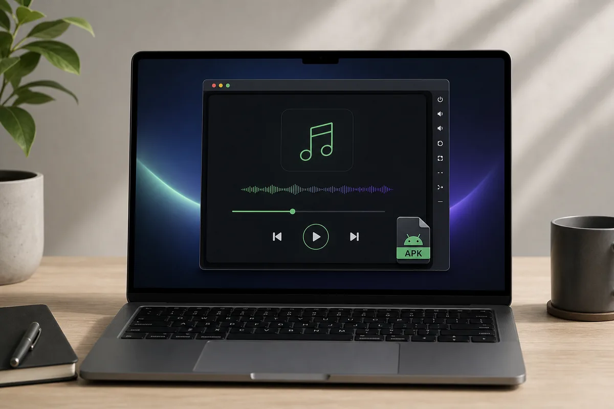 Illustration of MetroList APK running in an Android emulator window on a Mac laptop